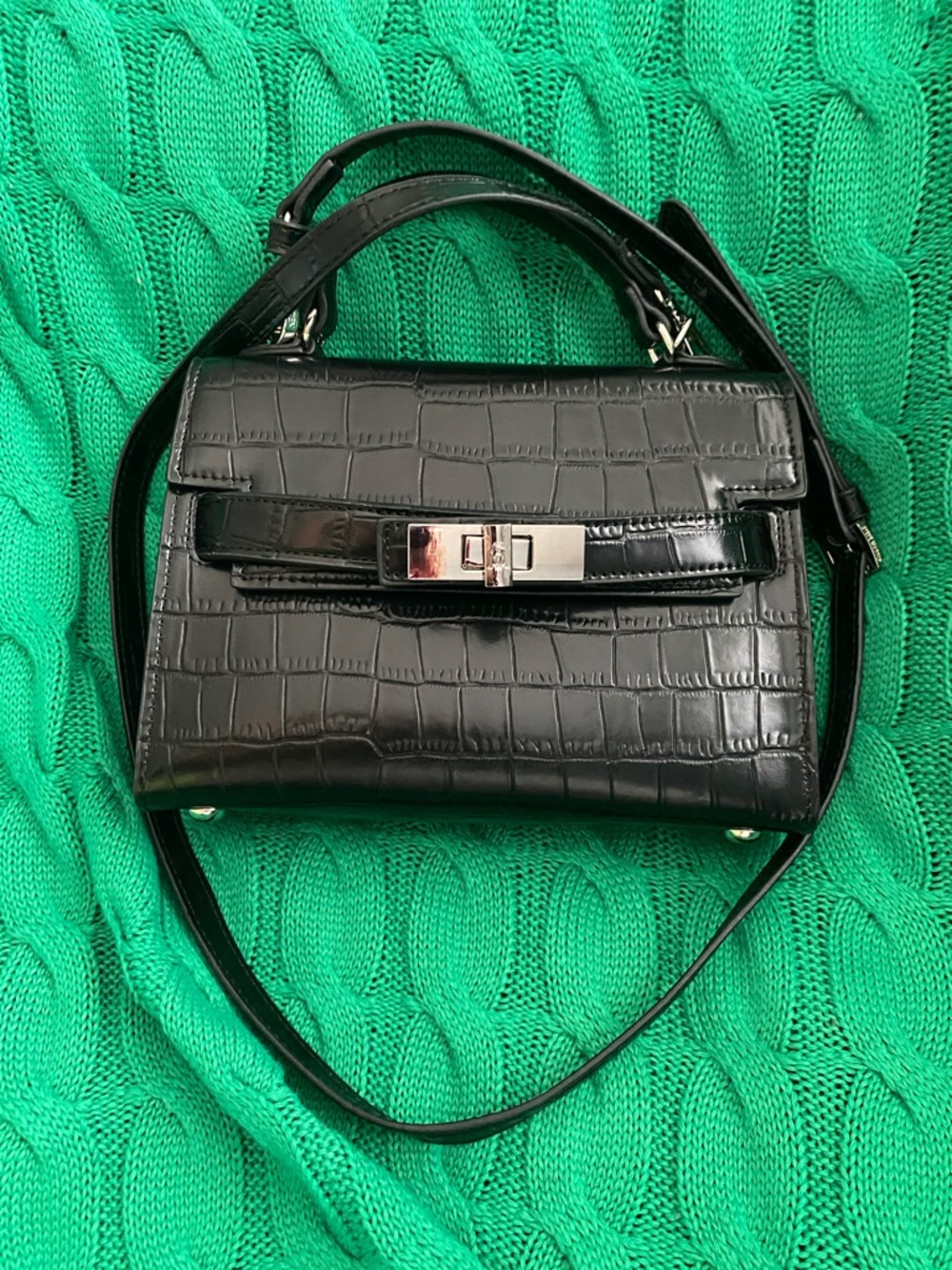 Steve Madden Black Croc-Embossed Top Handle Bag with crossbody strap -